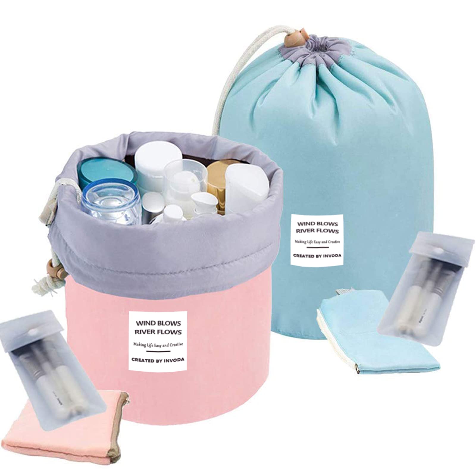 Large Makeup Bag for Women INVODA Travel Cosmetic Bags Portable Drawstring Makeup Bag with White Transparent Makeup Brush Bags Best Mothers Day Birthday Gifts for Women Girl Lady(Green+Pink)