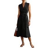 Quemiio Women's Linen Collared Shirt Dress - V Neck Sleeveless Button Down Midi Dress with Waist Belt