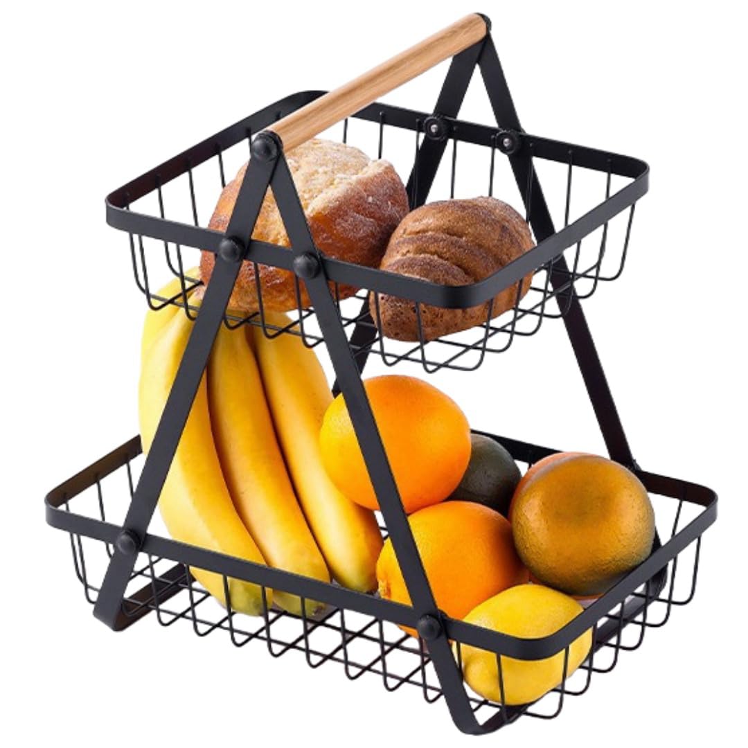 MEETOZ 2-Tier Fruit Basket Stand with Wooden Handle, Vegetable and Fruit Storage, Counter Space Saver, Detachable Fruit Holder for Fruit, Vegetables, Snacks in Home, with Screwdriver
