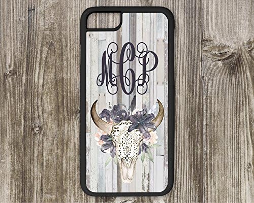 Personalized Monogram Floral Bull Skull Phone Case with Faux Reclaimed Wood Background Cow Skull Flowers