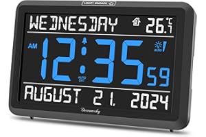 DreamSky Large Digital Clock with Date and Day of Week - Electric Desk Clock for Seniors Elderly, Bedroom Alarm Clock with Battery Backup, Dimmer, USB Port, Auto DST, Temperature, Adjustable Volume