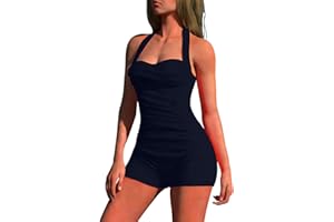 Women's Halter Bathing Suits Vintage One Piece Swimsuit Tummy Control Plus Boy-Leg Monokini Ruched Push up Beachwear
