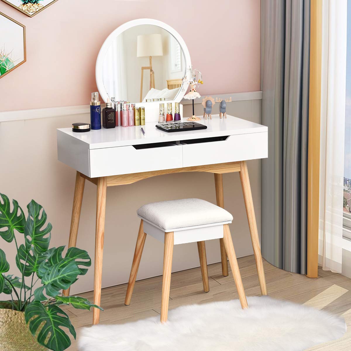 CHARMAID Vanity Table Set with Large Round Mirror and 2 Sliding Drawers, Makeup Table with Cushioned Stool and Solid Wood Legs, Modern Bedroom Dressing Table Set for Women Girls Kids (White)