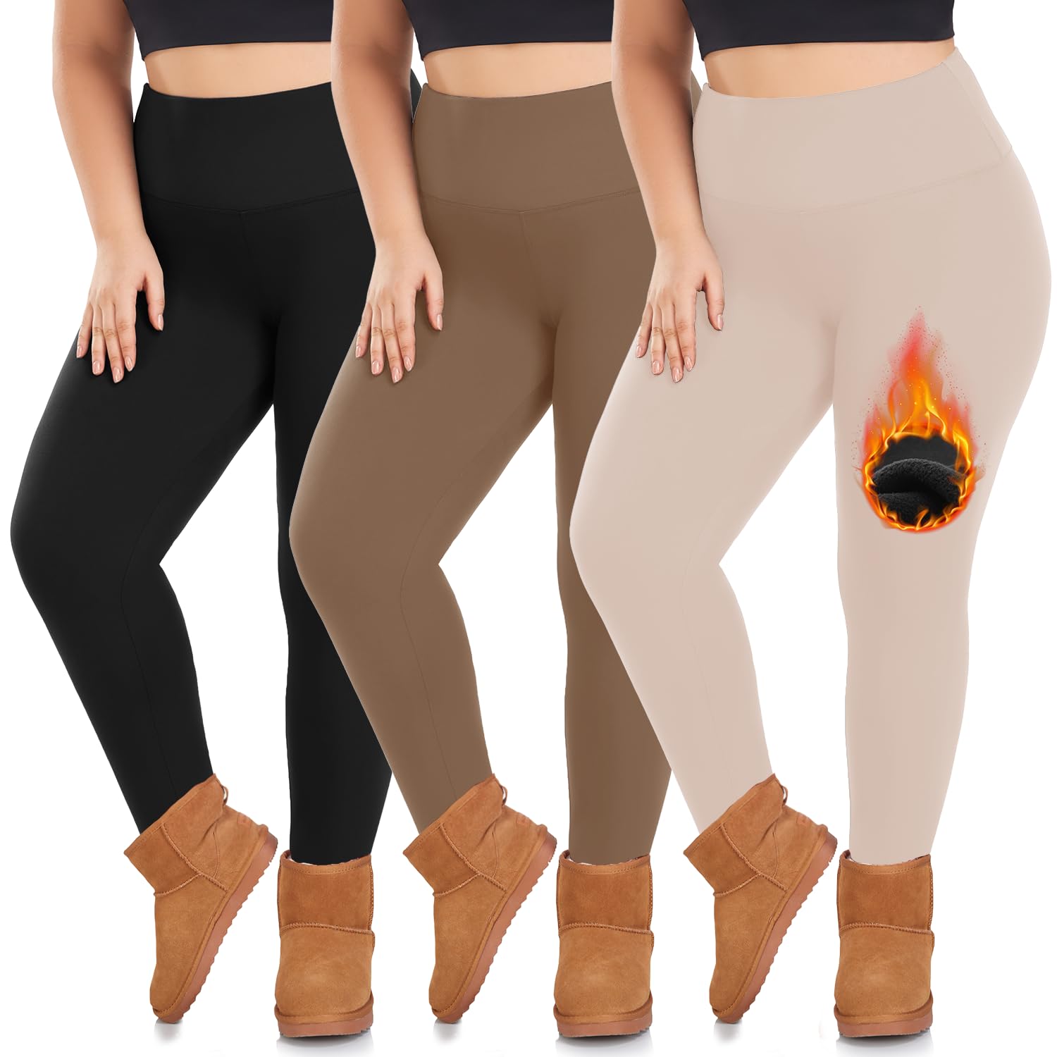 Photo 1 of 3 Pack Plus Size Fleece Lined Leggings Women -Stretchy X-Large-4X Warm Winter Yoga Pants Thermal Leggings