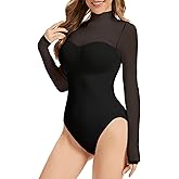 ciksob Women's Long Sleeve Shapewear Bodysuit for Tummy Control Body Suits Sheer Mesh Turtle Neck Leotard Going Out Tops Fall Outfits (Black, Small)