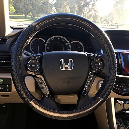 Native Gear Universal Steering Wheel Cover 15 Inch - Genuine Leather, Breathable, Anti Slip &amp; Odor Free Auto Car Truck SUV Mini Van (Carbon Fiber / Intrecciato Weave)