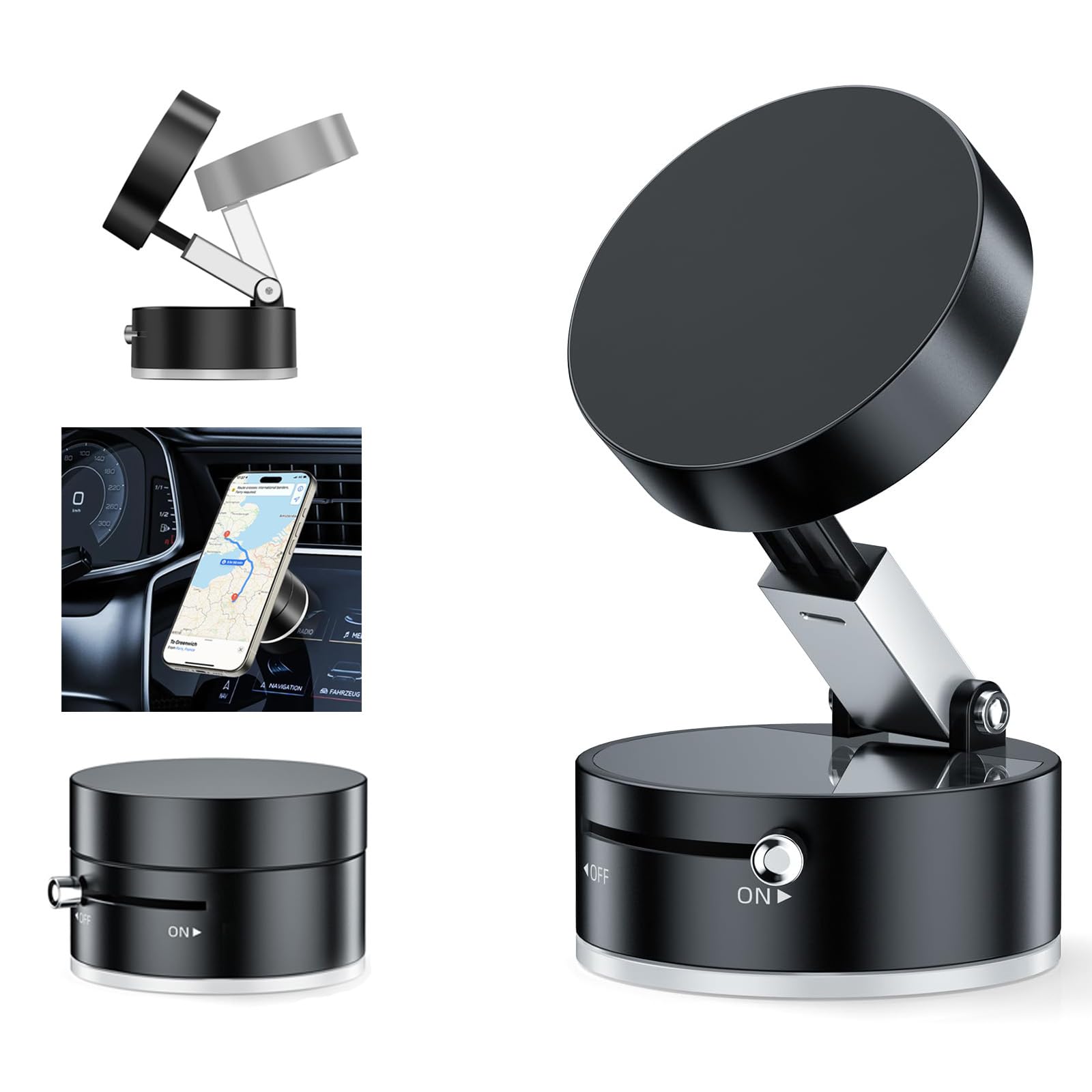 TUTGLOBAL Vacuum Suction Magnetic Car Phone Holder Mount Fit All Phones,Adjustable Phone Holders for Your Car Home Office Smooth Surfaces,Metal Ring Stick Outside if Case Non-Magnetic
