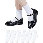 HONGTEYA 6 Pairs Girls White Ruffle Socks School Uniform Dress Socks for Kids Seamless Crew Ankle Cotton Size 2-14 Years