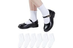 HONGTEYA 6 Pairs Girls White Ruffle Socks School Uniform Dress Socks for Kids Seamless Crew Ankle Cotton Size 4-14 Years