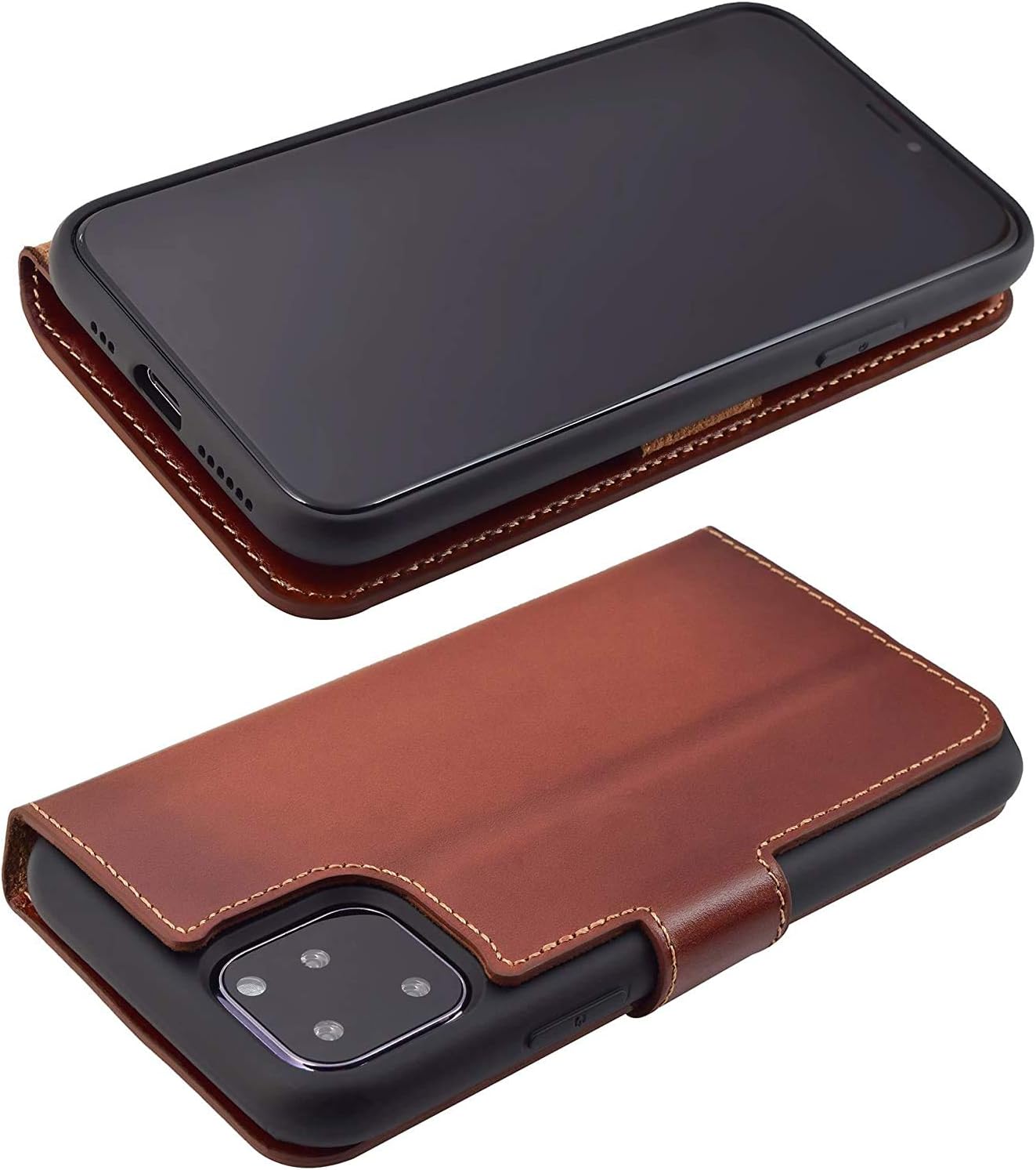 Suncase Book-style case compatible with iPhone 12 (6.1 inch) leather case (slim fit) leather mobile phone case protective case with 3 card slots in burned cognac - Image 5