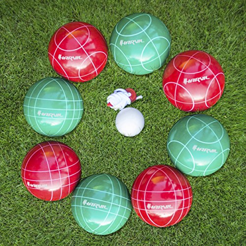 Harvil 100mm Bocce Ball Set. Includes 8 Poly-Resin Balls, 1 Pallino, 1 Nylon Zip-Up Carrying Case and Measuring Rope.