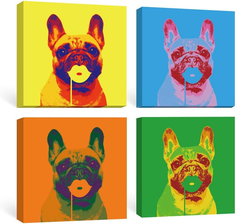SUMGAR Hippie Wall Art Bedroom Pop Dog Canvas Paintings Dorm Decor Blue Animal Prints Yellow Puppy Pictures Colorful Doggy Framed Artwork Set French Bulldog Gifts for Teens 4 Panel,12x12 inch