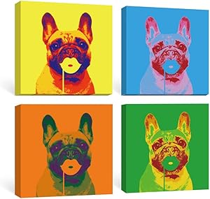 SUMGAR Hippie Wall Art Bedroom Pop Dog Canvas Paintings Dorm Decor Blue Animal Prints Yellow Puppy Pictures Colorful Doggy Framed Artwork Set French Bulldog Gifts for Teens 4 Panel,12x12 inch