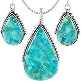 Turquoise Network Genuine Gemstones Necklace Earrings Pendant Set in 925 Sterling Silver (24" Length)