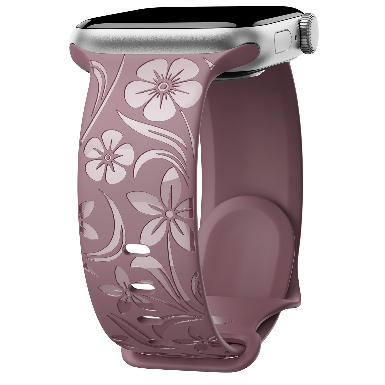Floral Engraved Band Compatible with Apple Watch Band 38mm 40mm 41mm 42mm 44mm 45mm 46mm 49mm, Designer Silicone Glossy Wildflower Strap for iWatch Band Series Ultra 11 10 9 8 7 6 SE 5 4 3, S Pur42
