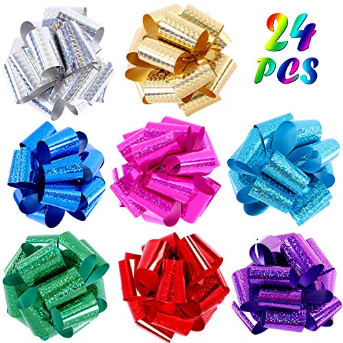 G.C 24 Pcs Glittering Pull Bows Gift Wrapping Ribbon Bows 8 Colors Laser Wrap Hamper Wrapping Loop Bows for Cars Christmas Weddings Birthday Party Bows for Gift Decorations