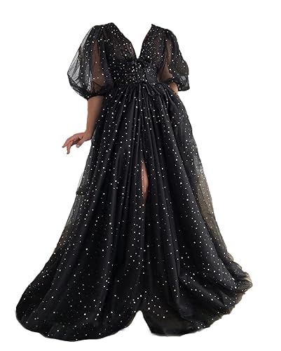 Xijun Plus Size Prom Dresses Puffy Sleeve Sparkle Starry Tulle