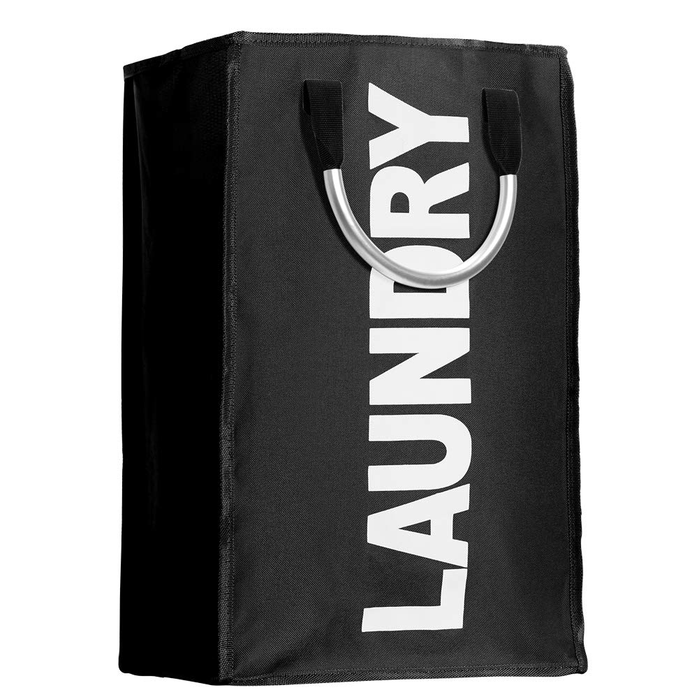 IHOMAGIC Portable Polyester Laundry Bag, Foldable Laundry Hamper with Aluminum Handles, Foldable Clothes Bag, Large Laundry Storage Bag, 13"L x 21"H x 9"W, (Black)