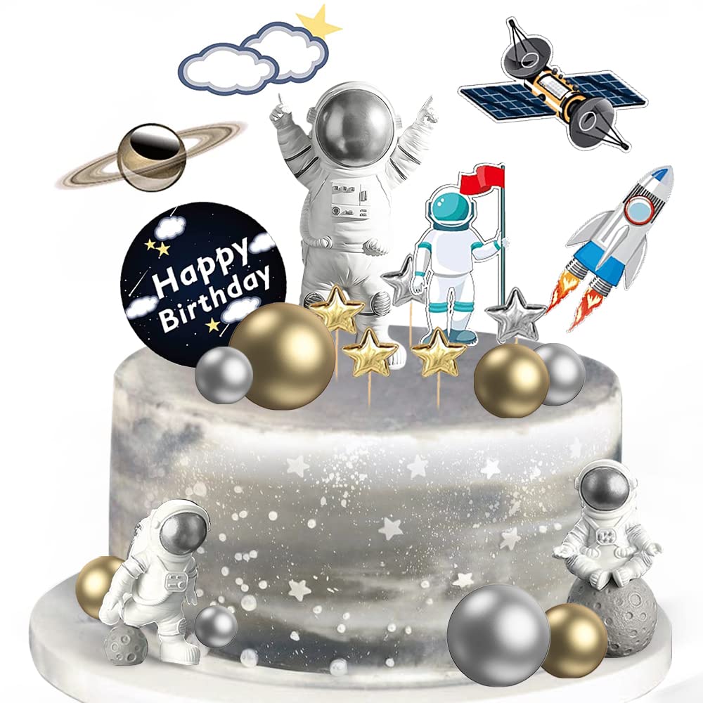 Photo 1 of 22 Pcs Space Cake Topper,Outer Space Cupcake Toppers Astronaut Figurine Birthday Space Themed Party Decorations Supplies Planet Rocket Pearl Balls and Star DIY Cake Toppers for Kids Party Baby Shower