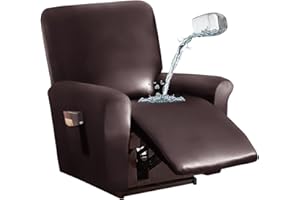 JOKIVTOU 1/2/3 Seats PU Leather Stretch Recliner Cover Sofa Cover with Side Pockets Waterproof Slipcover Recliner Couch Cover Furniture Protector with Elastic Bottom Living Room