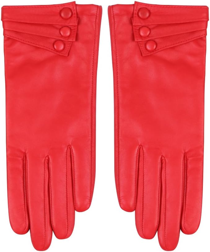 Nappa Leather Gloves Warm Lining Winter Button Decoration Lambskin for Women