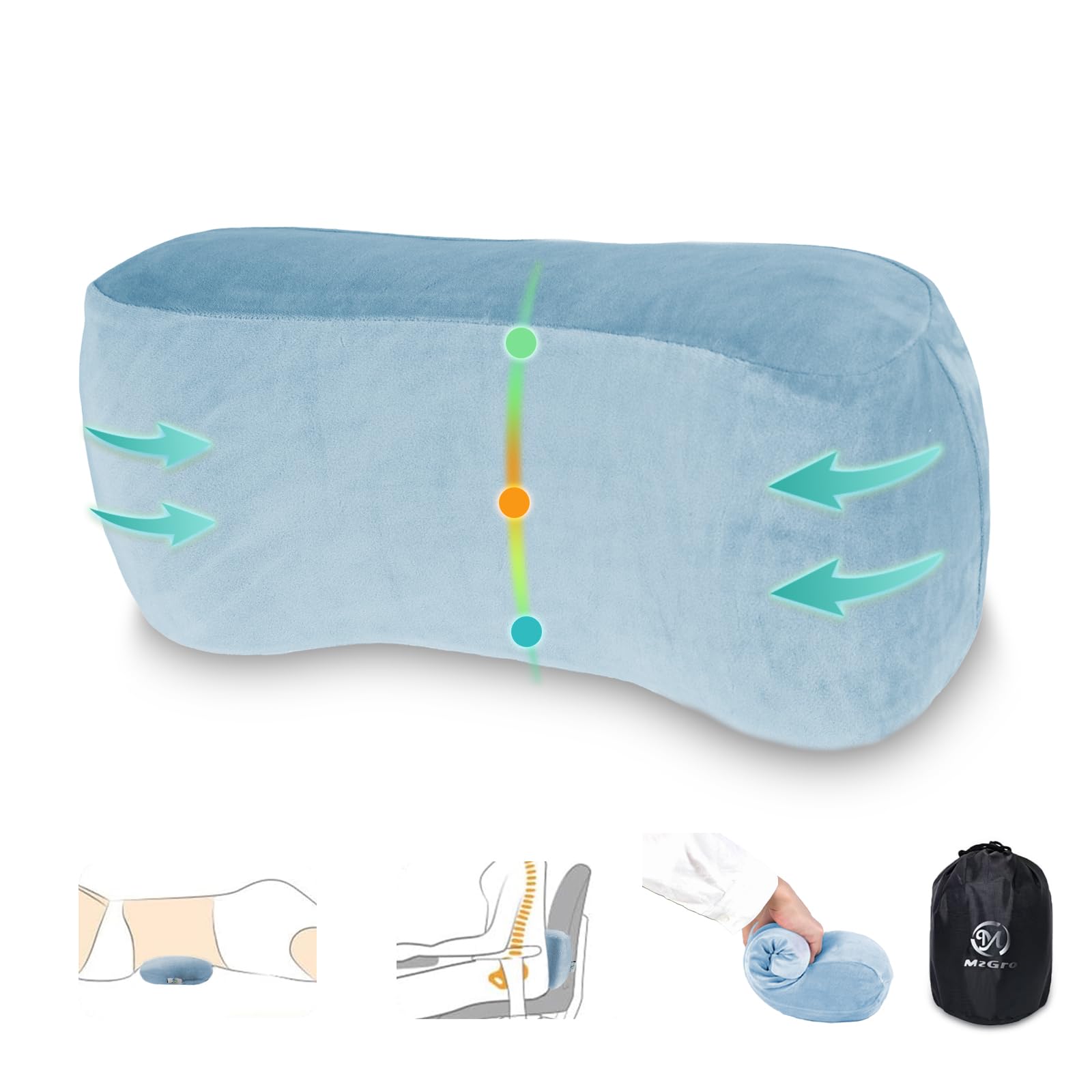 MzGro Back Lumbar Support Cushion for Office Chair - Soft Memory Foam Back Pillow for Back Pain - Bolster Cushion for Long Sitting, Driving, Travel, Bed - Versatile Pillow (Blue)