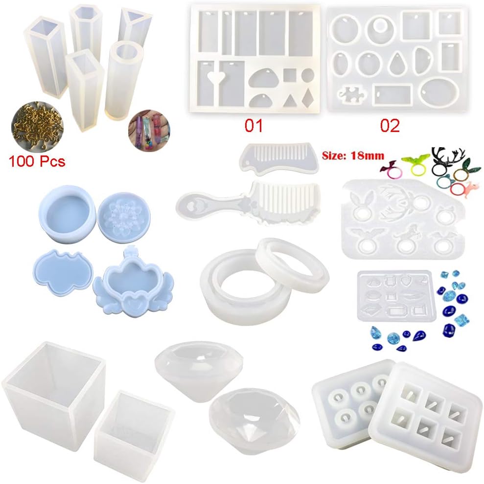 Silicone Molds Set 21 Pieces 67 Shapes for Epoxy Resin Crafts DIY Jewelry Making Kit, Pendants Earrings Bracelets Diamonds Rings Combs Jewelry Storage Organizers Boxes Cubes Balls Beads