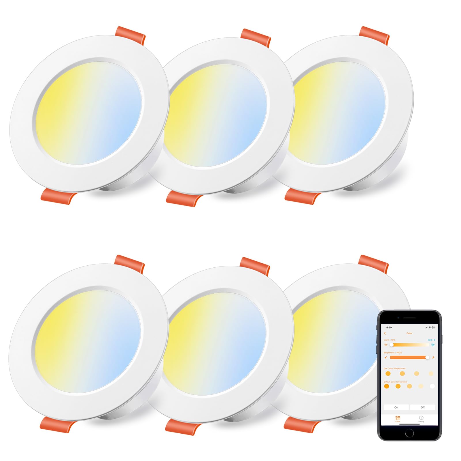 iLC Smart LED Recessed Downlights Ceiling Lights, Work with Alexa (Echo Devices Required), Diameter 95-110 mm Hole Size 4 Inch CCT Turnable 2700K-6000K, IP44, APP Controlled for Bathroom (6 Pack)