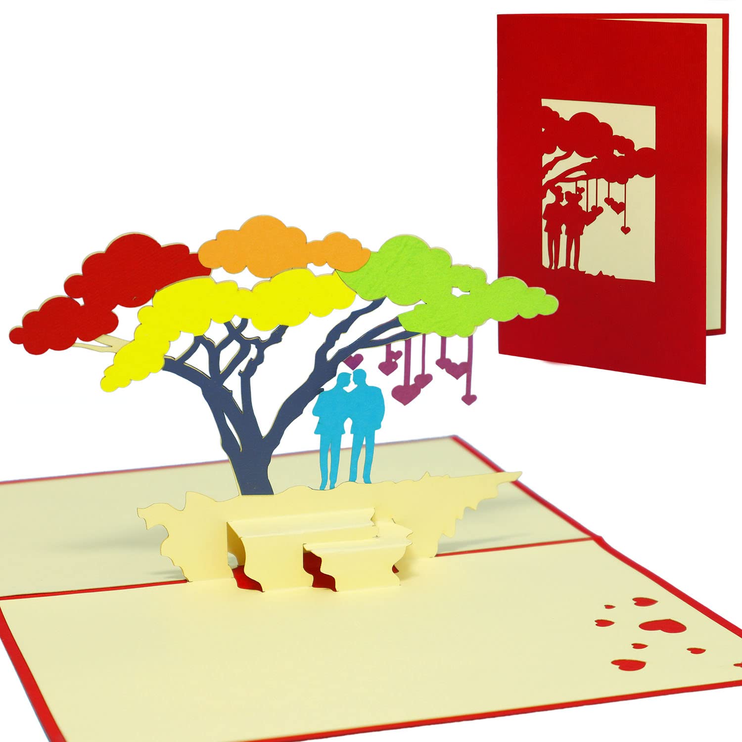 LIN - Pop Up 3D Greeting Card for a Same-sex wedding, Two men under a rainbow tree, handmade, (#206)