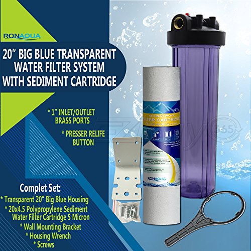Whole House Water Filter Purifier System, Transparent Big Blue Housing with Presser Relief Button, 1” Inlet/Outlet Brass Port & 5 Micron Sediment Water Filter Cartridge (20 Inches)