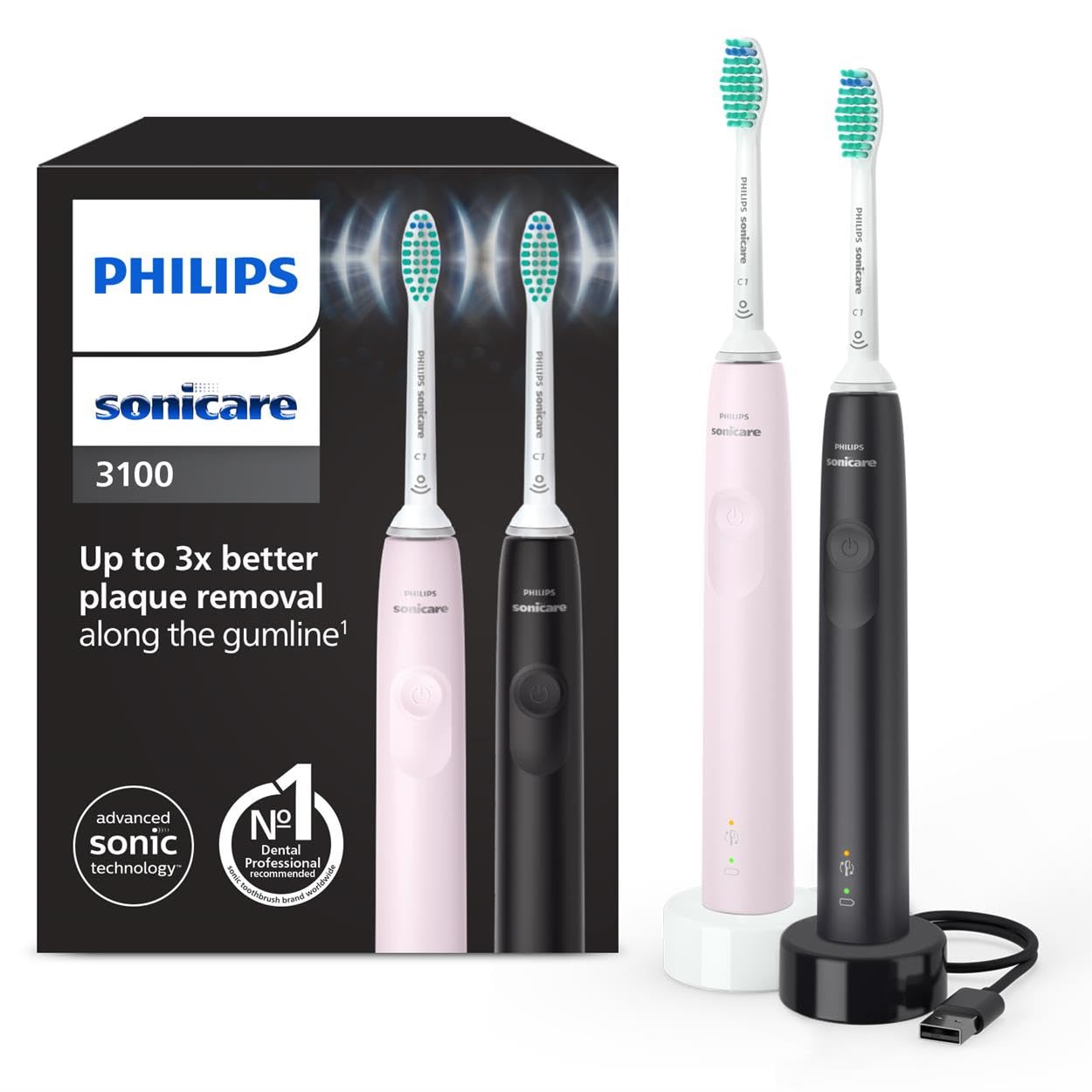 Philips Sonicare 3100, Brosse à dents électrique sonique, capteur de pression et minuterie, rose pastel et noir, pack de 2, modèle HX3675/15