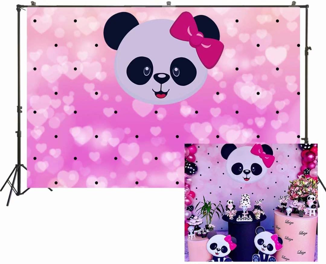 7x5ft Cartoon Cute Panda Backdrop Girl Birthday Party Decoration Baby Shower Pink Background Black Dots Flash Heart Shapes Wallpaper Studio Props W-2096