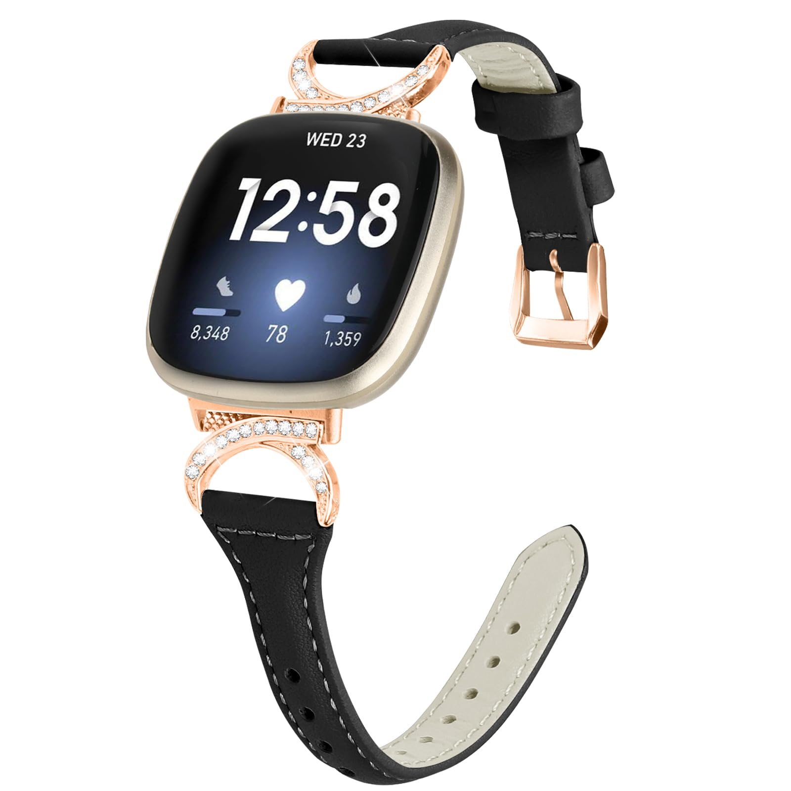 PaceBid Leather Strap Compatible with Fitbit Versa 4/Versa 3, Women Men Adjustable Bling Premium Genuine Leather Slim Elegant Replacement Watch Bands for Fitbit Sense/Sense 2 - Black