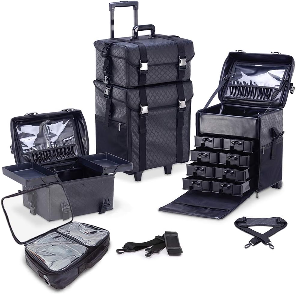 KIOTA 2 in 1 Pro Makeup Artist Case on Wheels, Multifunction Cosmetic Organizer with Removable Drawers, Beauty Trolley, Soft sided Case with PREMIUM Metal Buckles, ULTIMATE Series - Black Diamond
