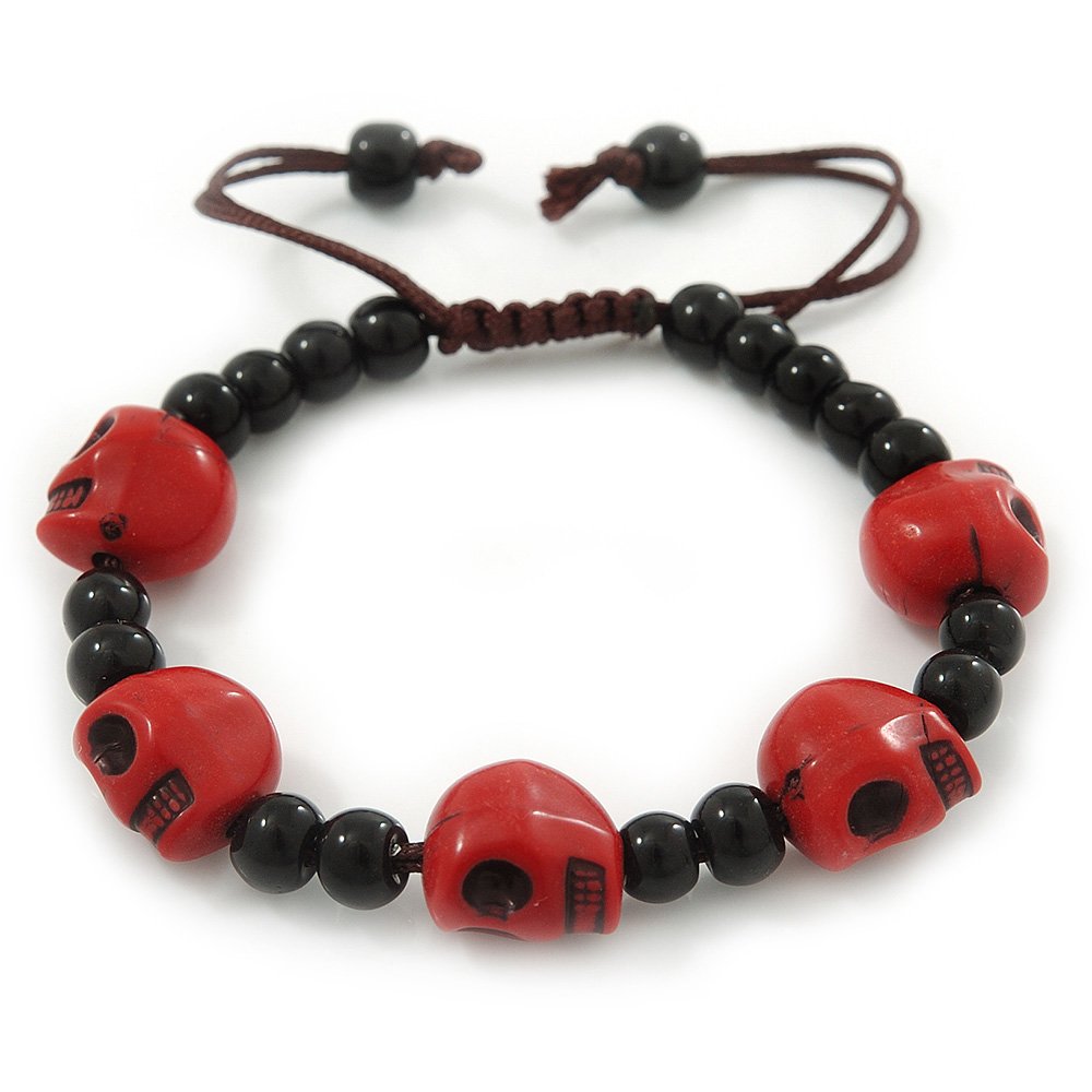 Avalaya Dark Red Acrylic Skull Bead Children/Girls/Petites Teen Friendship Bracelet On Black String - (13cm to 16cm) Adjustable