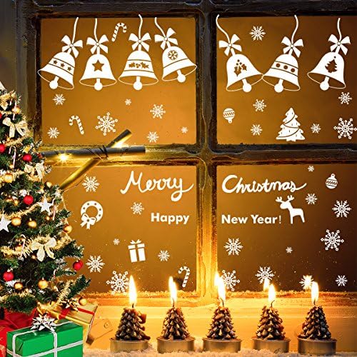 200+ Christmas Snowflake Window Clings Decal Wall Stickers，Winter Wonderland Xmas White Decorations Ornaments Party Supplies（White Snowflake / Baubles / Bells)