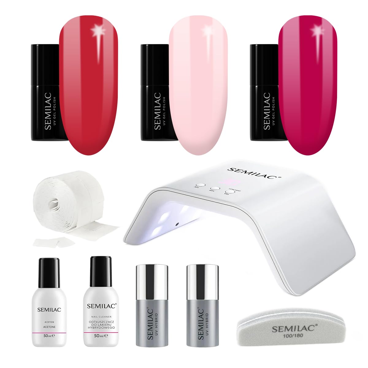 Semilac Try Me Gel Nail Starter Kit, Nail Set For Beginners - 3 x UV Gel Colours 7ml, UV/LED Lamp, Top & Base Coat 7ml, Tools & More For Perfect Manicure Tools & More -103 Elegant Raspberry — image 1