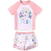Disney Frozen Elsa Princess Girls Two Piece UPF 50+ Protection Quick-Dry Short Sleeve Swim Sets Rashguard Bathing Suit