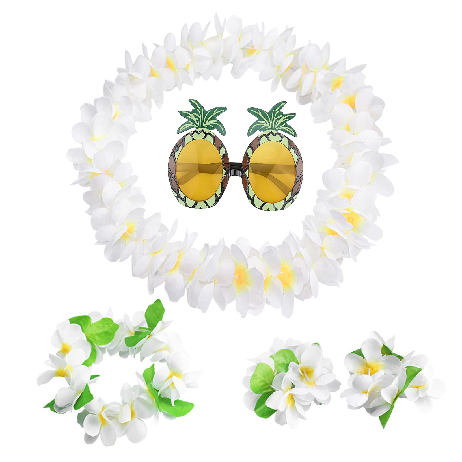 XEPST 5 Pack Lei Set, Hawaiian Flower Lei Garland with Pineapple Sunglasses, Hawaiian Necklace Headbands and Wristbands for Tropical Luau Party Supplies
