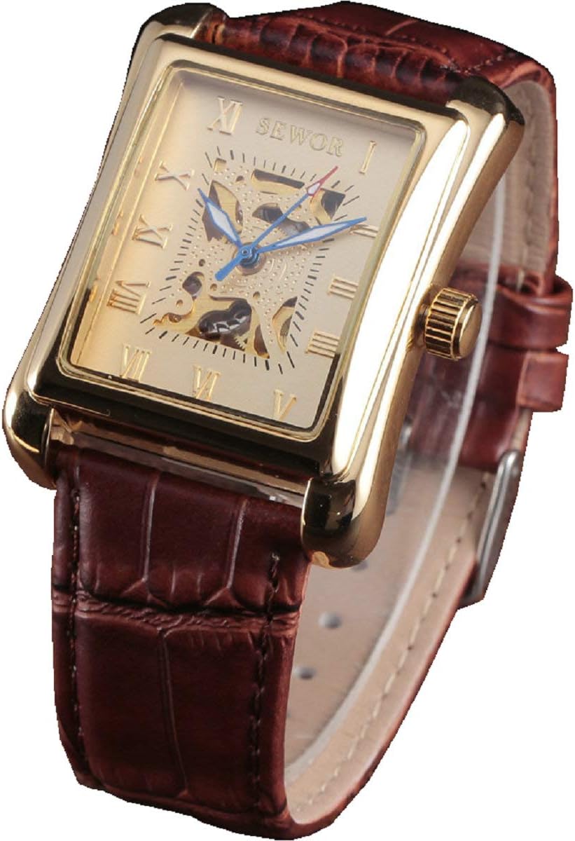 Luxury Brand Leather Men's Rectangle Watch Gold Skeleton Wrist Watches Mechanical Hand Wind