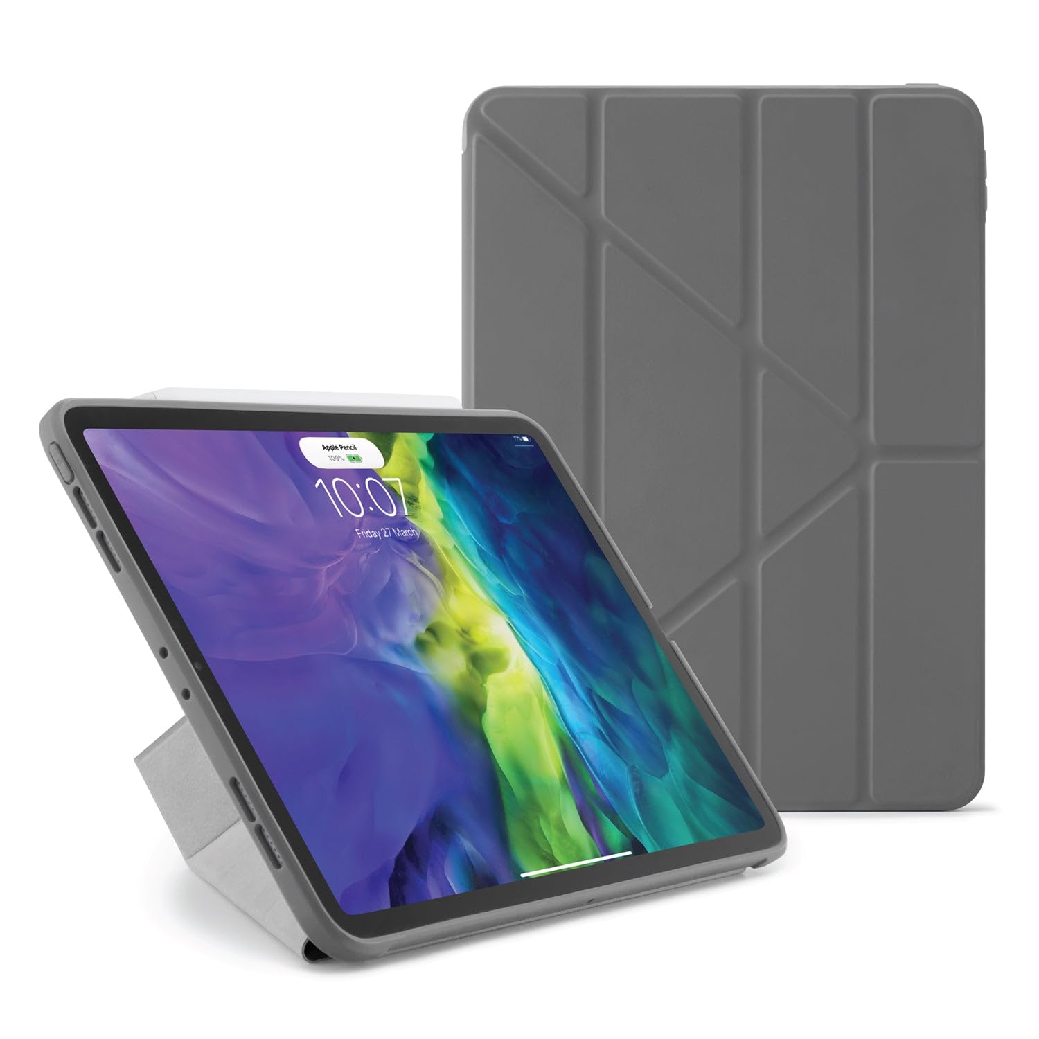 PIPETTO Origami No1 Original Case for iPad Pro 11 (2022/2021/2020/2018), Slim 5-in-1 Stand Cover with Hard Clear Back, TPU Bumper, Pencil Compatible - Grey