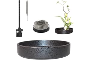 WANDIC Flower Arranging Supplies, Round Ceramic Ikebana vases with 6cm Round Flower Frog for Ikebana Floral Arrangement Home Decoration, Black Spotted