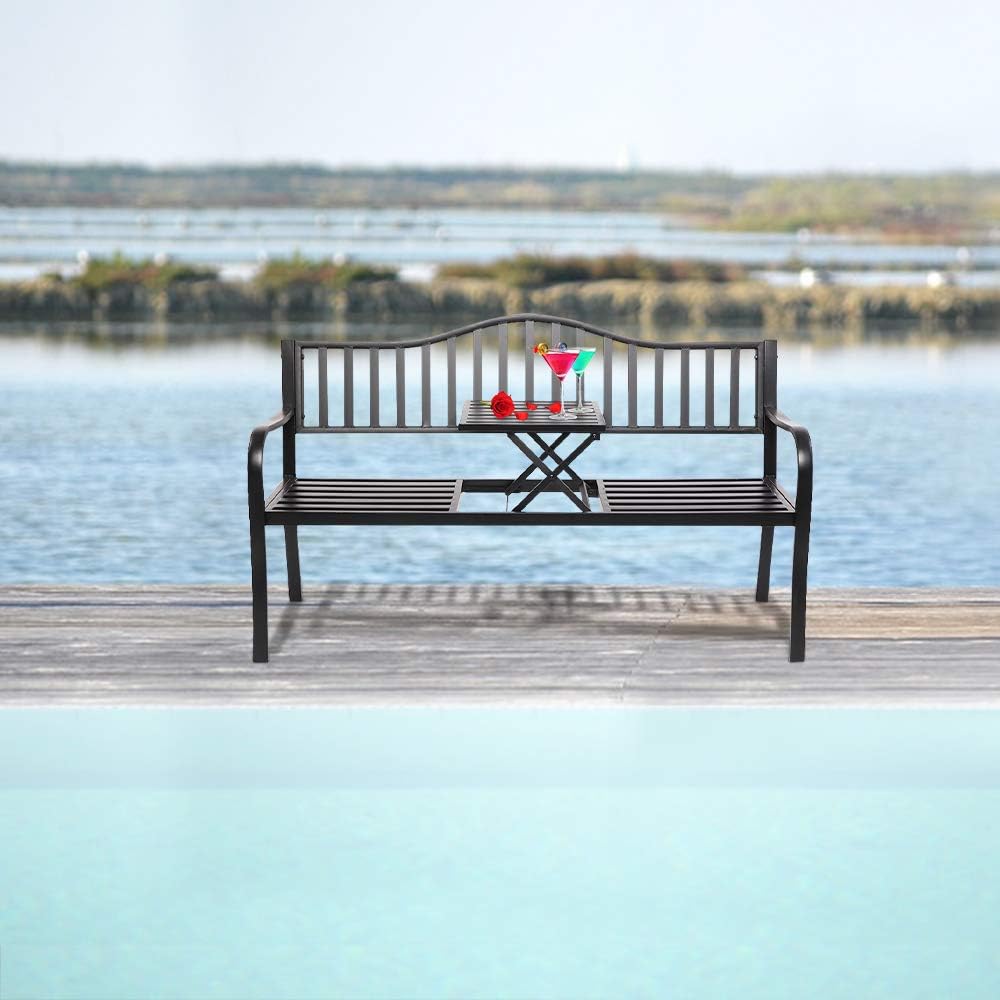 VINGLI 59" Patio Garden Bench Table Outdoor Metal Park Benches,Cast Iron Steel Frame Chair Porch Path Yard Lawn Decor Deck: Kitchen & Dining