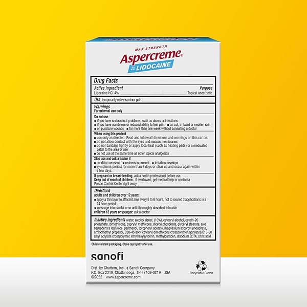 ASPERCREME LIDOCAINE FOOT PAIN RELIEF CREAM FOR DIABETIC SKIN SOOTHES NERVES & MOISTURIZES DRY FEET, NUMBING TOPICAL ANALGESIC WITH MAX-STRENGTH LIDOCAINE & MOISTURIZING ALOE, 4 OZ.