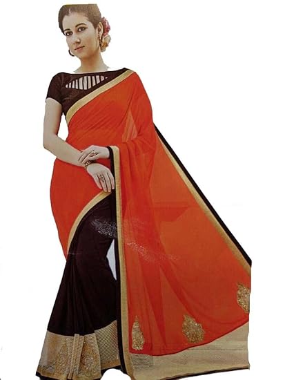 VINAYAK SAREE SAROVAR BLACK & ORANGE WITH GOLDEN BORDER SHINE SAREE