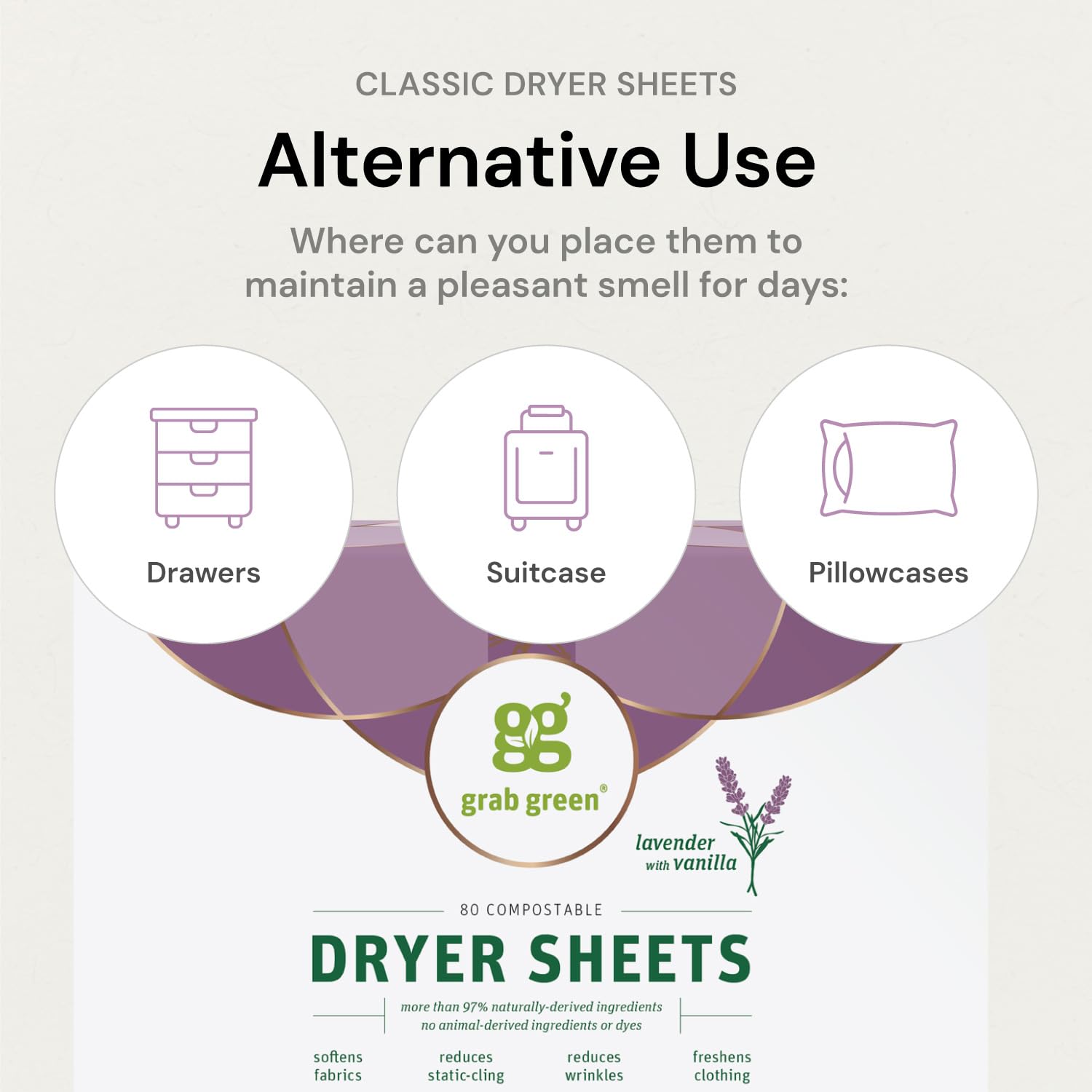 Grab Green Dryer Sheets, 160 Sheets, Lavender Vanilla Scent, Plant Based, Softens Fabrics, Reduces Static Cling and Wrinkles