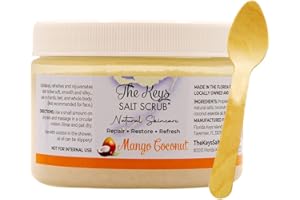 The Keys Salt Scrub Premium Exfoliating Sea Salt Body Skin Scrubs - Made with Pure Florida Sea Salt and Organic Coconut Oil + Wooden Spoon (Mango Coconut, 12 oz)