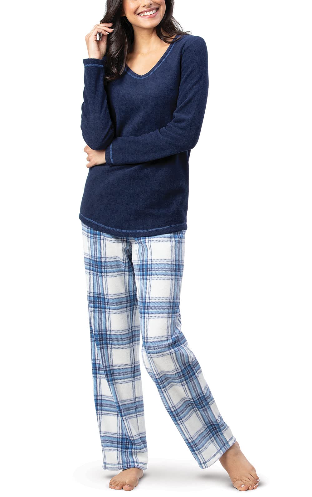 PajamaGram Fleece Womens Pajamas - Winter Pajamas For Women Set Long Sleeve, Pullover Top Pajama Sets for Women 2 piece - Straight Leg Loungewear or Jammies for Woman, Navy Plaid, LG Image