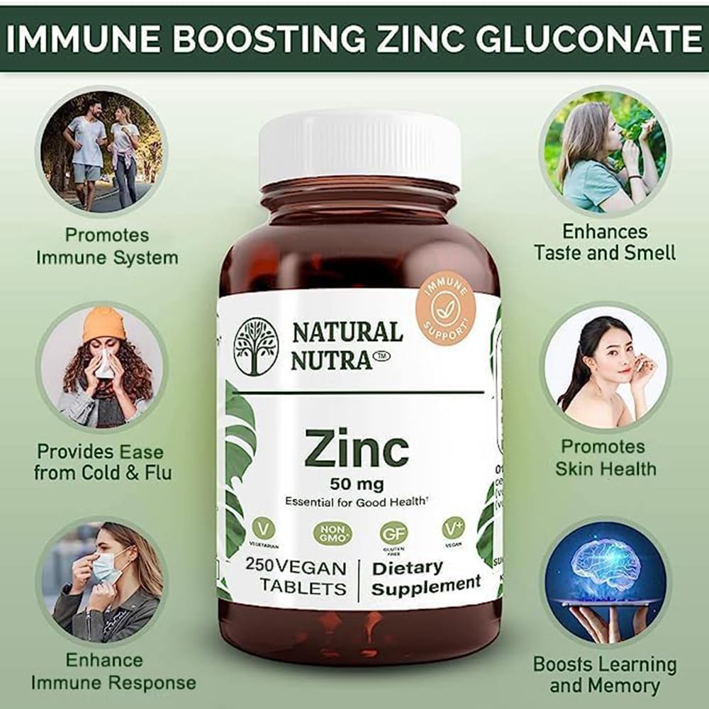 Natural Nutra Zinc Gluconate 50mg Supplement for Immune Support, Promotes Skin Health, Enhance Taste & Smell, Provides Ease from Cold & Flu, Boost Learning & Memory, Gluten Free 50mg 250 Vegan Tablets