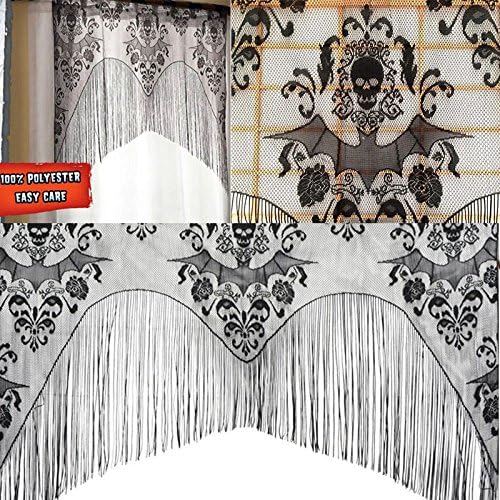 KICODE Black Skull Bat Web Curtain Valance Topper Shawl Halloween Haunted House Decorations Tassel